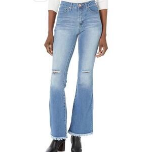 YMI High Rise Flare Leg Jeans Light‎ Wash Distressed Raw Hem Size 28/6 Boho